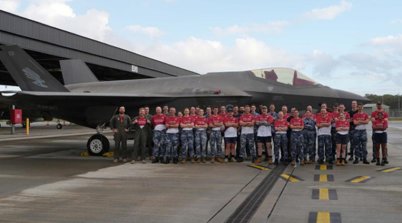 3 Squadron personnel, who raised funds in this year’s March On, in front of a 3 Squadron F-35A Lightning II aircraft at RAAF Base Williamtown, NSW. Story by Evana Ho. Photo by Leading Aircraftwoman Elise Ross.