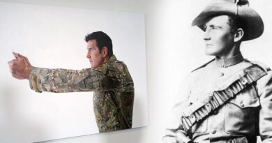 A portrait of Corporal Ben Roberts-Smith at the Australian War Memorial, by Michael Zavros superimposed with a photo of Harry 'Breaker' Morant.