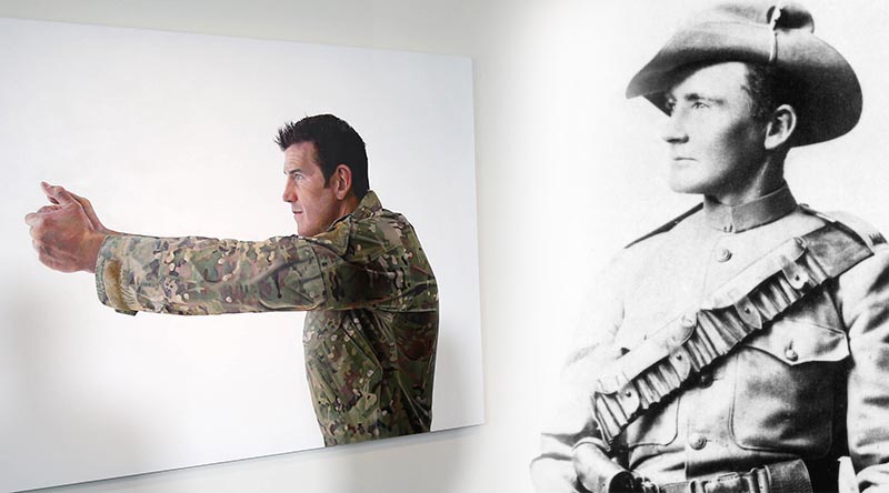 A portrait of Corporal Ben Roberts-Smith at the Australian War Memorial, by Michael Zavros superimposed with a photo of Harry 'Breaker' Morant.
