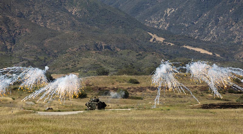 LAV-25s deploy M-257 smoke grenade systems during the final phase of the 2026 Bushmaster Challenge at competition at Camp Pendleton. US Marine Corps photo by Corporal Sawyer Carleton.
