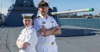 Able Seaman Isabella Anderson and Lieutenant Craig Grant on board the Japanese Ship Kumano, during a port visit to Melbourne. Story by Sub-Lieutenant Andrew Murphy. Photos by Leading Seaman James McDougall.