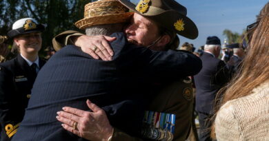 Chief of Joint Capabilities Lieutenant General Susan Coyle hugs Rick Deeks during the Anzac Day service at the Bullecourt Digger Memorial in France. Story by Captain Annie Richardson. Photos by Sergeant Jarrod McAneney.
