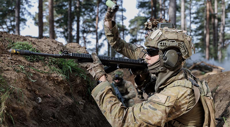 Australian Defence Force personnel demonstrate a training serial for Armed Forces of Ukraine personnel during a section commanders' battle course on Operation KUDU 26. Photo by Sergeant Samuel Miller.
