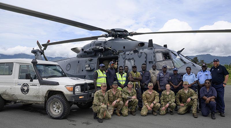 Bougainville Police Service, NZDF, and New Zealand Police staff who were involved in the bomb disposal. Note, NZDF EOD staff have their faces blurred for operational security reasons. NZDF photo.