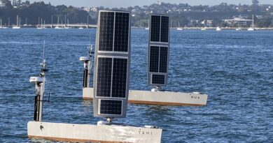 Uncrewed Surface Vessels Tahi and Rua in the Hauraki Gulf during sea trials. RNZN photo.
