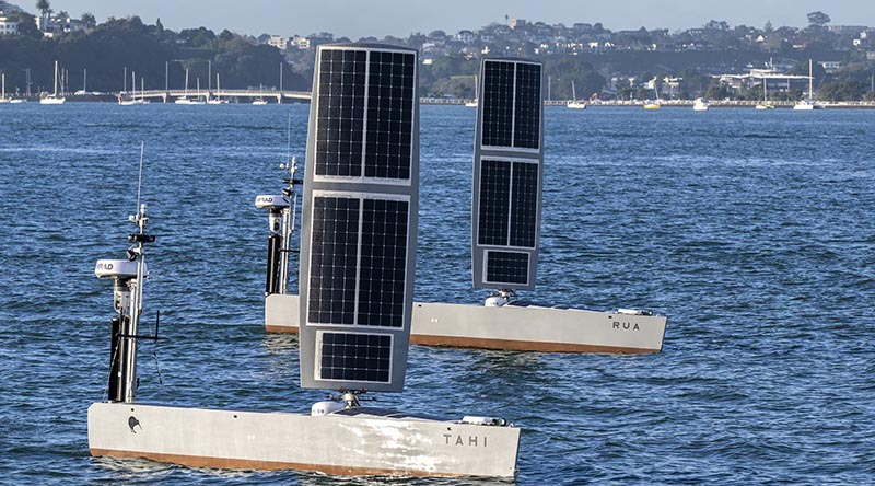 Uncrewed Surface Vessels Tahi and Rua in the Hauraki Gulf during sea trials. RNZN photo.