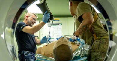 Medical personnel from the 2nd Health Battalion use a deployable CT scanner at a Role 2 Enhanced treatment facility on Exercise Viper Walk at Gallipoli Barracks, Enoggera. Story by Captain Chris Wade. Photo by Private Alli Craig.