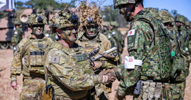 Commander 1st (Australian) Division Major General Ash Collingburn speaks with a Japan Ground Self-Defense Force officer during Exercise Southern Jackaroo at the Townsville Field Training Area. Story by Captain Andrew Page. Photos Linda Bone.