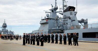Members of ship’s company on parade during the commissioning of HMAS Eyre at HMAS Stirling, WA. Story by Lieutenant Mark Tesoriero. Photos by Able Seaman Jayden Fahy.