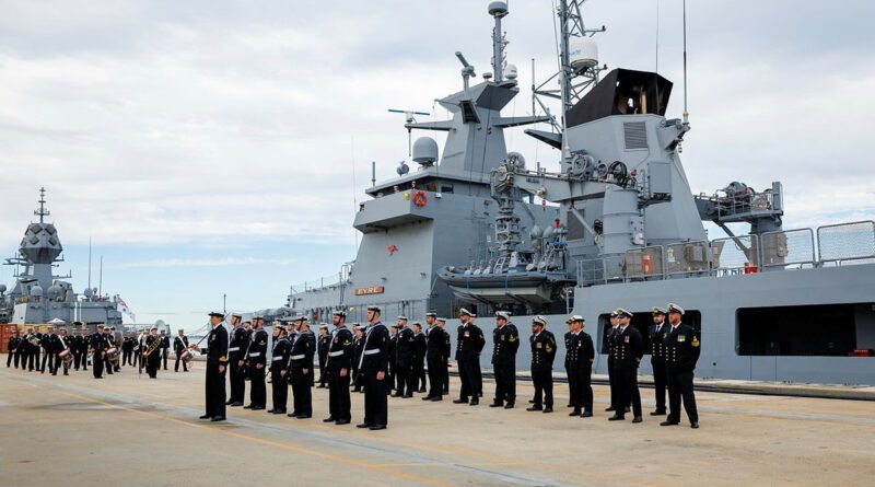 Members of ship’s company on parade during the commissioning of HMAS Eyre at HMAS Stirling, WA. Story by Lieutenant Mark Tesoriero. Photos by Able Seaman Jayden Fahy.