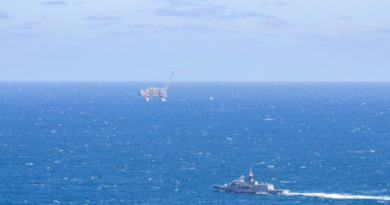 HMAS Toowoomba sails past an offshore oil platform in the Indian Ocean, off the coast of Western Australia. Story by Lieutenant Marcus Middleton. Photo by Leading Seaman Dominic Turkalj.