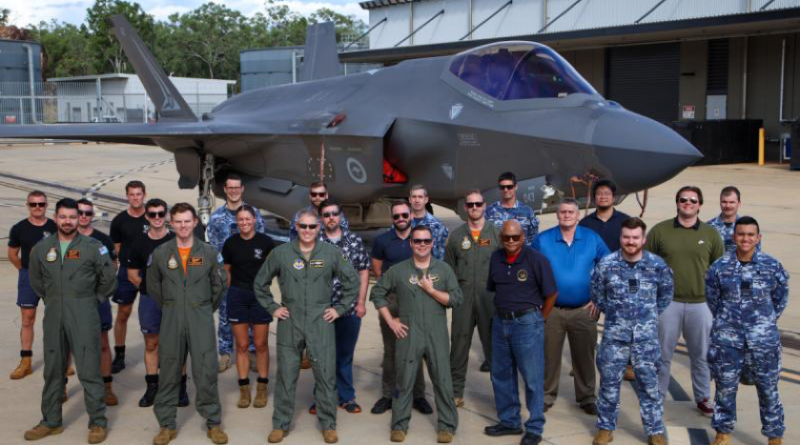 Royal Australian Air Force personnel and United States partners stand in front of an F-35A Lightning II following a joint Weapon Fill Measurement Vehicle flight test. Story by Flight Lieutenant Holly Ryan. Photo by Corporal Brooke Stewart.
