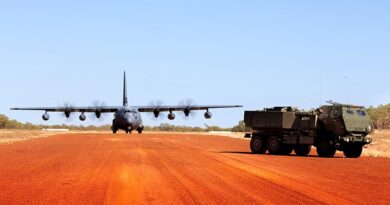A USAF MC-130J prepares for takeoff after delivering a HIMARS unit to Delamere Air Weapons Range, Northern Territory, during Exercise Talisman Sabre 2023. Photo by Leading Seaman Susan Mossop.