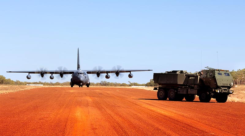 A USAF MC-130J prepares for takeoff after delivering a HIMARS unit to Delamere Air Weapons Range, Northern Territory, during Exercise Talisman Sabre 2023. Photo by Leading Seaman Susan Mossop.