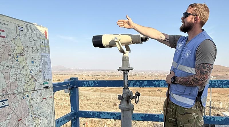 Royal New Zealand Navy's Lieutenant Chris Wise at an observation post in the Golan Heights. NZDF photo supplied.