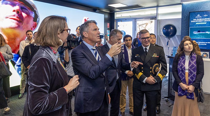Minister for Defence Richard Marles and A/g Assistant Director General Strategic Engagement and Policy Branch Australian Submarine Agency, Dr Kate O’Shaughnessy discuss an education display at the Australian Submarine Agency’s Submarine Discovery Centre in Rockingham, Western Australia. Photo by Leading Seaman Zac Dingle.