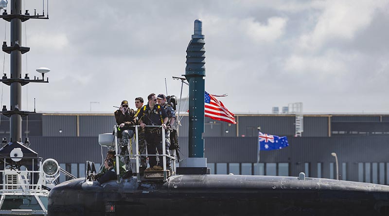 Virginia-class fast-attack submarine USS Vermont (SSN 792) arrives at HMAS Stirling in Western Australia for a scheduled Submarine Maintenance Period (SMP). Photo by Able Seaman Jaxsen Shinners.