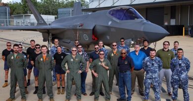 Royal Australian Air Force personnel and United States partners stand in front of an F-35A Lightning II following a joint Weapon Fill Measurement Vehicle flight test. Photo by Corporal Brooke Stewart.