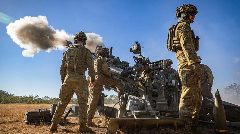 Soldiers from 1st Regiment, Royal Australian Artillery, operate an M777A2 howitzer during a live-fire mission on Exercise Diamond Dagger at Shoalwater Bay Training Area, Queensland. Story by Corporal Michael Rogers. Photos by Corporal Jason Slape.
