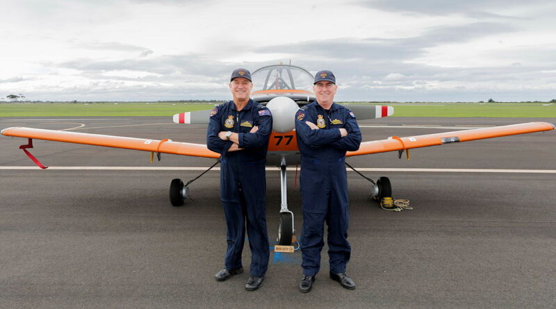 Commanding Officer 100 Squadron Richard Brougham and Wing Commander David Chaplin farewell the CT4A at RAAF Base Point Cook, Victoria. Story by Flight Lieutenant Holly Ryan. Photos by Leading Aircraftman Jonathon McCaffrey.