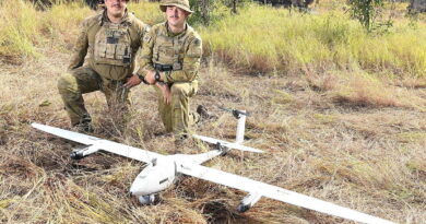 Corporals Jacob Sofia and Harrison Hinson, of 2nd Cavalry Regiment, with the Quantum Vector drone during Exercise Southern Jackaroo at Townsville Field Training Area, Queensland. Story by Sergeant Matt Bickerton. Photo by Ian Hitchcock.