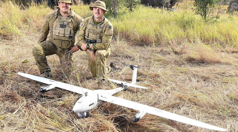Corporals Jacob Sofia and Harrison Hinson, of 2nd Cavalry Regiment, with the Quantum Vector drone during Exercise Southern Jackaroo at Townsville Field Training Area, Queensland. Story by Sergeant Matt Bickerton. Photo by Ian Hitchcock.