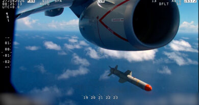 An AGM-84 Harpoon anti-ship missile launches from the wing of an RNZAF P-8A Poseidon. RNZAF photo supplied.
