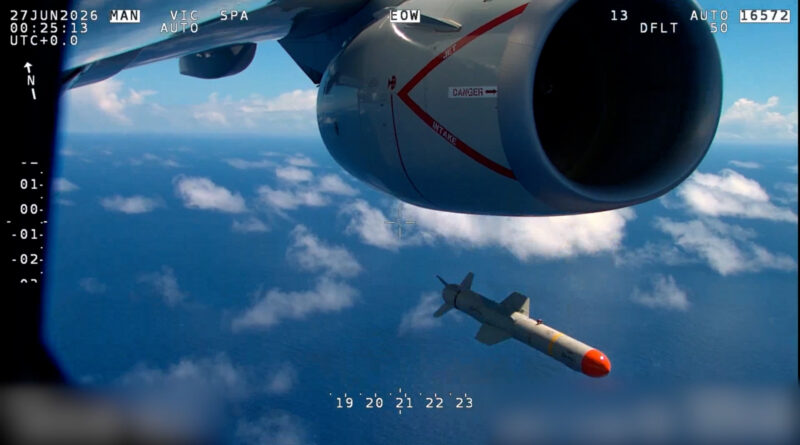 An AGM-84 Harpoon anti-ship missile launches from the wing of an RNZAF P-8A Poseidon. RNZAF photo supplied.