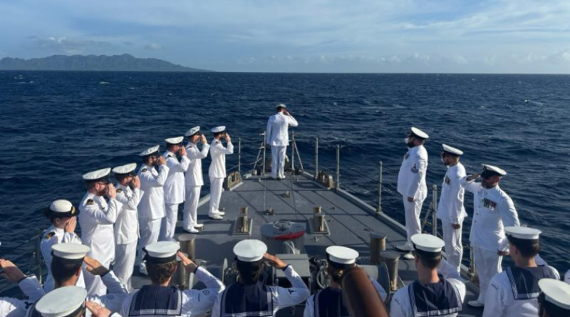 The crew of HMAS Diamantina salute during a wreath-laying ceremony honouring those lost aboard HMAS Canberra I during World War II near Honiara, the Solomon Islands. Story by Captain Jacob Joseph.