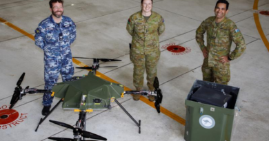 Sergeant Bradlee Ledger, Lieutenant Odette Swaine and Flight Lieutenant Saurav Kataria during a demonstration of the air delivery drone known as Aladdin at RAAF Base Edinburgh, SA. Story by Flight Lieutenant Holly Ryan. Photo by Flight Sergeant Rob Hack.