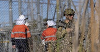A member of Joint Task Force 629 provides security for Powerlink Queensland at its Calliope Substation – considered critical infrastructure for Queensland’s electricity network. Photo by Private Ryahn Rahme.