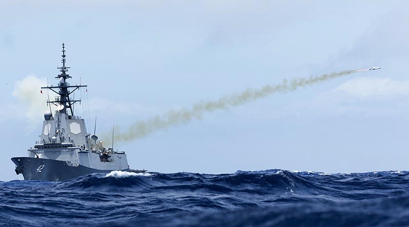 HMAS Sydney (V) conducts a Naval Strike Missile (NSM) firing during RIMPAC 2026, off the coast of Hawaii, United States. Photo by Leading Seaman Lauren Pugsley.