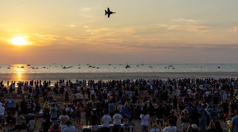 A Royal Australian Air Force F/A-18F Super Hornet conducts an aerial display over Mindil Beach, Darwin as part of exercise Pitch Black 2026. Photo by Leading Aircraftwoman Nell Bradbury.