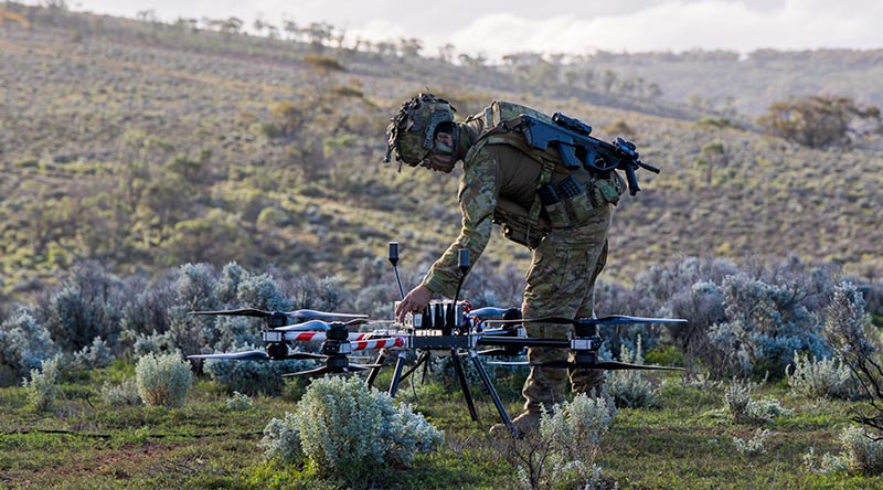 A 5th/7th Battalion, Royal Australian Regiment, soldier conduct prepares a drone for a training flight during Exercise Black Prince, at Cultana Training Area, South Australia. Photo by Private Jonnathan Kabamba.