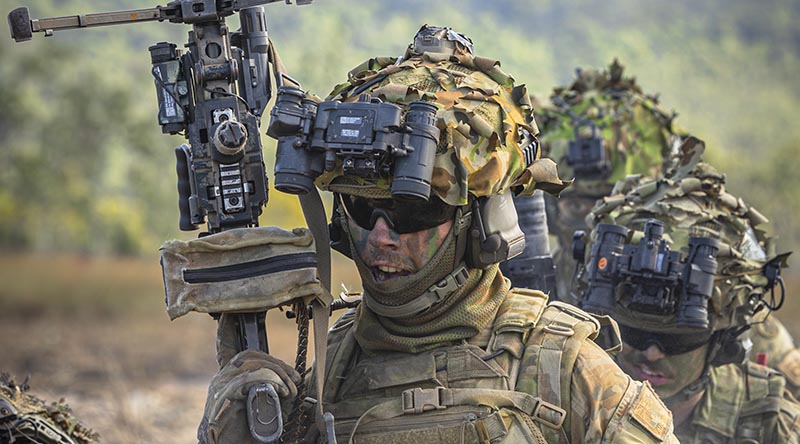 Australian Army soldiers from the 8th/9th Battalion, Royal Australian Regiment, conduct an assault during a danger-close live-fire activity during Exercise Diamond Dagger 2026 at Shoal-water Bay Training Area, Queensland. Photo by Corporal Jason Slape.