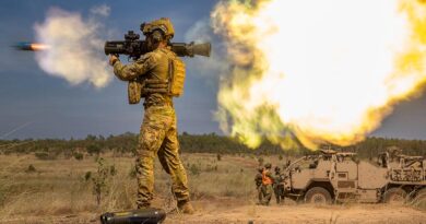 Private Malakai Williams from Direct Fire Support Weapons Platoon, 5th/7th Battalion, Royal Australian Regiment, fires a Carl-Gustaf 84mm recoilless rifle near a Supacat Vehicle during Exercise Predator’s Walk at Mount Bundey Training Area, Northern Territory, 29 May 2026. Photo by Corporal Michael Currie.