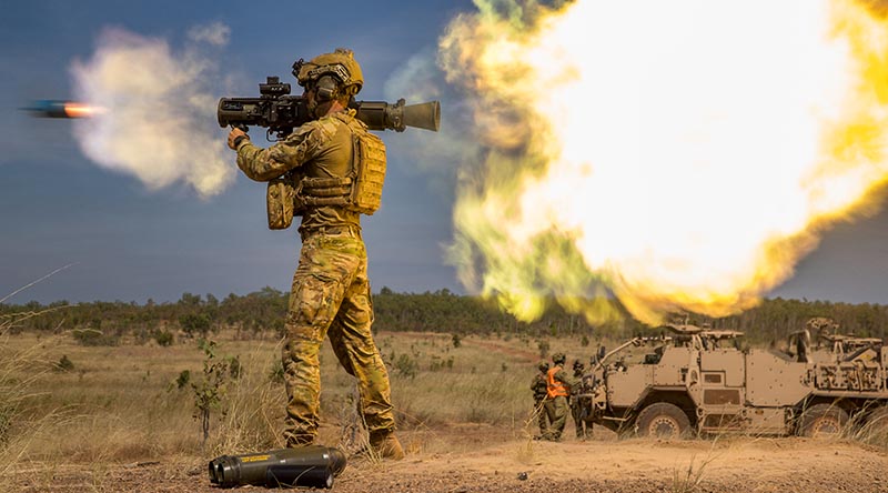 Private Malakai Williams from Direct Fire Support Weapons Platoon, 5th/7th Battalion, Royal Australian Regiment, fires a Carl-Gustaf 84mm recoilless rifle near a Supacat Vehicle during Exercise Predator’s Walk at Mount Bundey Training Area, Northern Territory, 29 May 2026. Photo by Corporal Michael Currie.