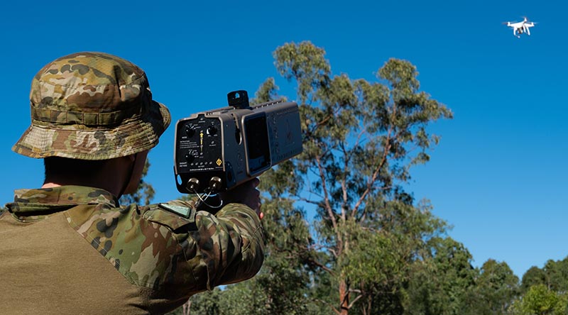 Australian Defence Force personnel deployed as Joint Task Force 629 in Weipa, Queensland, test and train with counter UAS technology during Exercise Austral Shield 2026. Photo by Private Brendan Smith.