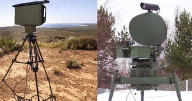 An in-service GO12 radar (left – Defence photo by Leading Aircraftman Chris Tsakisiris) and a GO80 (Thales photo), similar to one trialled on Exercise Colt, near Exmouth, WA.