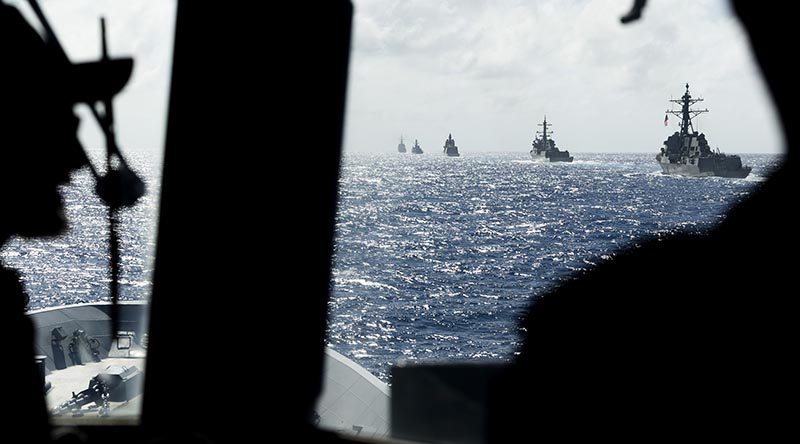 Exercise Pacific Dragon officer of the watch manoeuvres off the coast of Hawaii, with ships that include Spain’s ESPS Álvaro de Bazán, Japan's JS Kongo, Chile's CNS Almirante Cochrane, United States’ USS Jack H Lucas, Italy's ITN Giovanni Delle Bande Nere and Korea's ROKS Jeongjo The Great. Photo by Leading Seaman Lauren Pugsley.