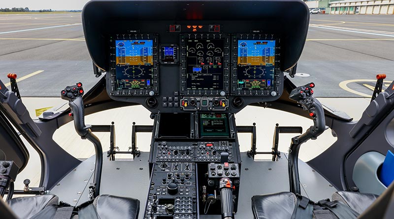The cockpit of an EC135 Juno helicopter at the School of Army Aviation at Oakey, Queensland. Photo by Bradley Richardson.