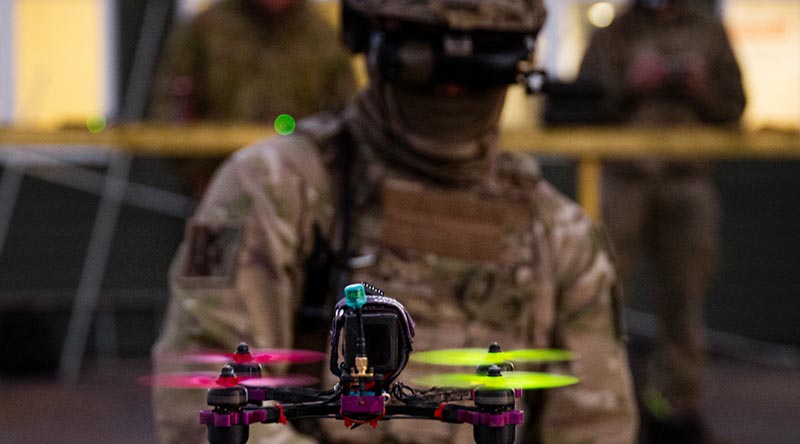 A New Zealand soldier demos a drone he built during an advanced drone course. NZDF photo supplied.