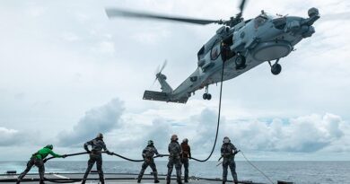 HMAS Ballarat's MH-60R Seahawk 'Mako' takes on fuel during Regional Presence Deployment. Photo by Sub Lieutenant Jake Badior.