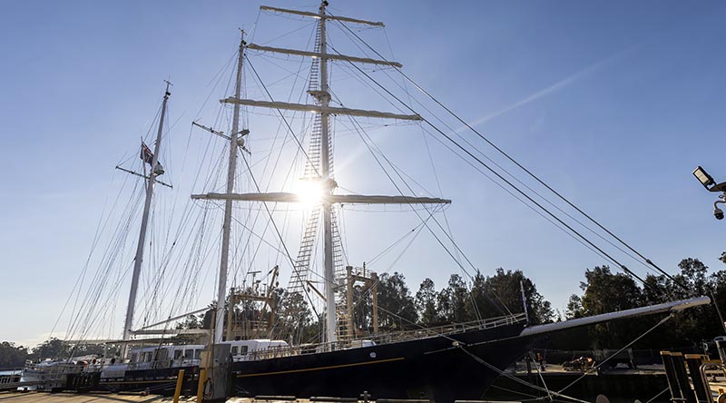STS Young Endeavour II alongside Birdon Shipyard at Port Macquarie, New South Wales. Photo by Able Seaman Jayden Fahy.