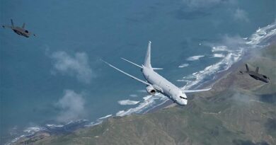 Two RAAF F-35A Lightning II jets conduct an air interception alongside a Royal New Zealand Air Force P-8A Poseidon over New Zealand's North Island east coast during Exercise Agile Tasman. Photo by Corporal Naomi James.