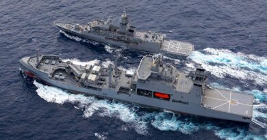 HMAS Ballarat conducts a replenishment at sea with HMNZS Aotearoa in the South China Sea during Regional Presence Deployment 25-4. Photo by Leading Seaman Connor Morrison.