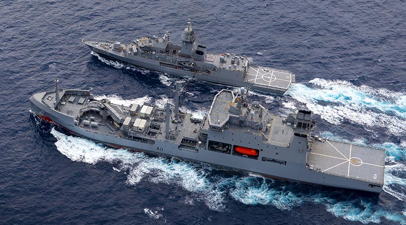 HMAS Ballarat conducts a replenishment at sea with HMNZS Aotearoa in the South China Sea during Regional Presence Deployment 25-4. Photo by Leading Seaman Connor Morrison.