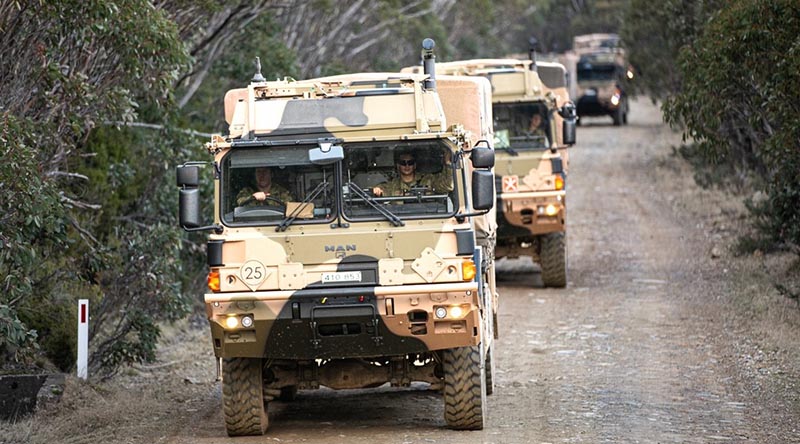 Soldiers of 8th Operational Support Unit lead a convoy in a 40M vehicle during Exercise Arachnid Trek, Mount Skene, Victoria. Photo by Private Chris Chau.