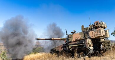 An AS9 Huntsman self-propelled howitzer from 4th Regiment, Royal Australian Artillery, fires on a direct target during a live-fire activity at Townsville Field Training Area, Queensland. Photo by Corporal Luke Donegan.