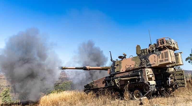 An AS9 Huntsman self-propelled howitzer from 4th Regiment, Royal Australian Artillery, fires on a direct target during a live-fire activity at Townsville Field Training Area, Queensland. Photo by Corporal Luke Donegan.